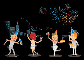 Obraz premium Happy Party/Four people sharing celebratory drink making fun among confetti