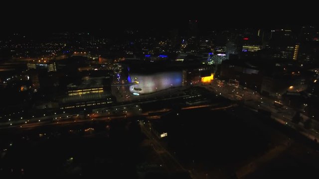 Aerial view of Birmingham, UK at night.