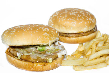 Fast food tasty beef burger with fried potatoes.