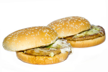 Hamburger with beef on white background.