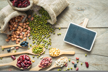 Group of colorful various beans or lentils and whole grains seed