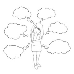 vector illustration of a woman standing in poses of serious thinking with empty cloud shapes, line art