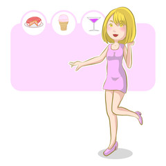 vector illustrator of a cute girl on pink background with cake, ice cream and beverage