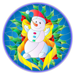 Fototapeta na wymiar Illustration in stained glass style with a funny snowman, ribbon and Holly branches on a blue background, round picture frame