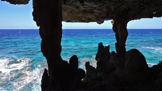 View to the ocean from a cavern on the coast, Rurutu island, south Pacific, Austral archipelago, French Polynesia
