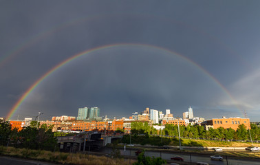 Fototapeta na wymiar Double Rainbow Over Downtown Denver Colorado Skyline