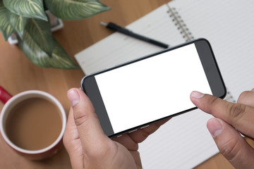 Isolated male hand holding a phone with white screen