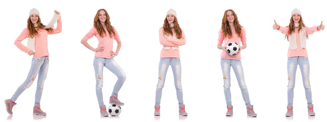 Young woman with football isolated on white