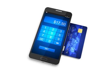 Mobile payment concept, Smartphone with credit card. 3D illustration