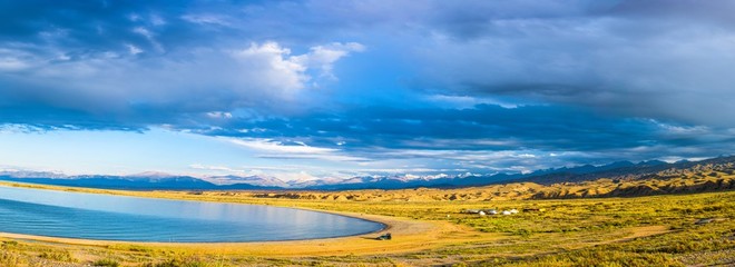 Panorama of Lake Issyk-Kul, Kyrgyzstan.