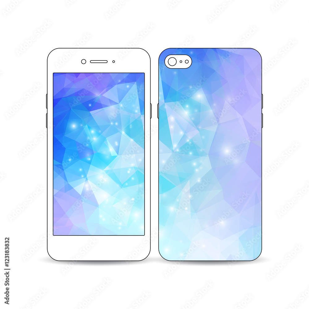 Poster white mobile smartphone with an example of the screen and cover design. abstract colorful polygonal 