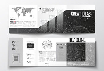 Vector set of tri-fold brochures, square design templates. Molecular construction with connected lines and dots, scientific pattern on black background.
