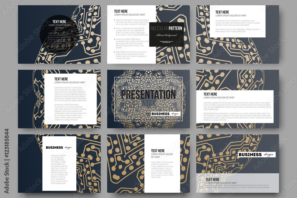 Poster set of 9 templates for presentation slides. golden microchip pattern, abstract template with connect