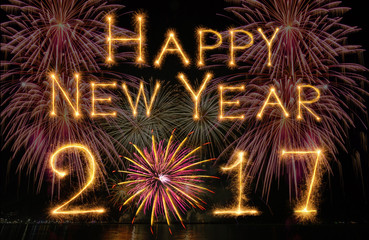 Happy new year 2017 written with Sparkle firework on fireworks w