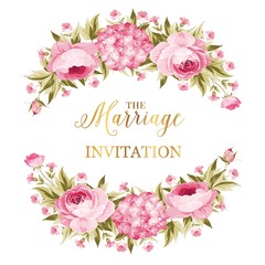 Marriage invitation card. Peony garland for holiday card. Avesome flower garland with roses isolated over white background. Vector illustration.