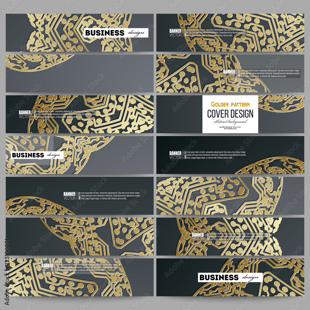 Poster set of modern banners. golden microchip pattern on dark background with connecting dots and lines, c