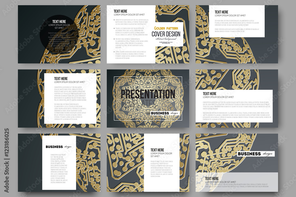 Poster set of 9 templates for presentation slides. golden microchip pattern on dark background with connect