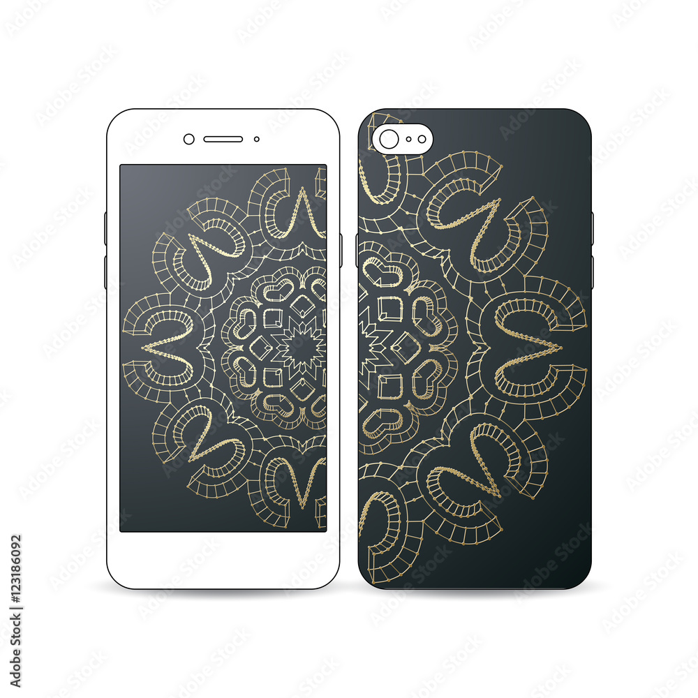 Poster mobile smartphone with an example of the screen and cover design isolated on white. polygonal golden