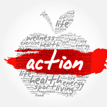 ACTION apple word cloud collage, health concept background