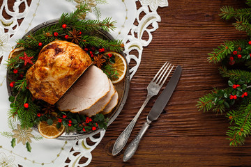 Christmas baked ham, served on the old plate.