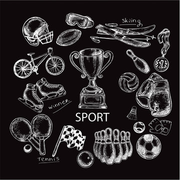 hand drawn sketch illustration sport items set on the black back