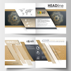 Template for square design brochure, magazine, flyer. Leaflet cover, flat layout, easy editable blank. Golden technology background, connection structure with connecting dots and lines, science vector