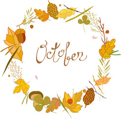 Obraz premium Vector autumn frame consisting of twigs, leaves, blades of grass, pine needles and other elements of autumn forest with the word October.