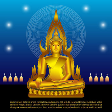 Golden Buddha statue on blue background