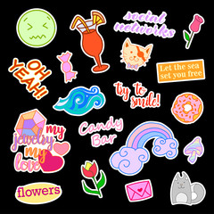 Fashion patch badges with different elements. Set of stickers, pins, patches and handwritten notes collection in cartoon 80s-90s comic style. Vector illustration isolated. Vector clip art.