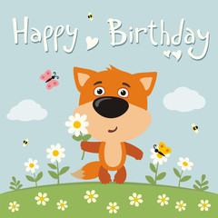 Happy birthday! Cute fox with flower camomile on flower meadow. Birthday card.