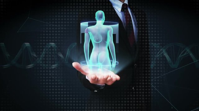 Businessman open palm,  Zooming front Female body and scanning Human blood vessel system. Blue X-ray light.