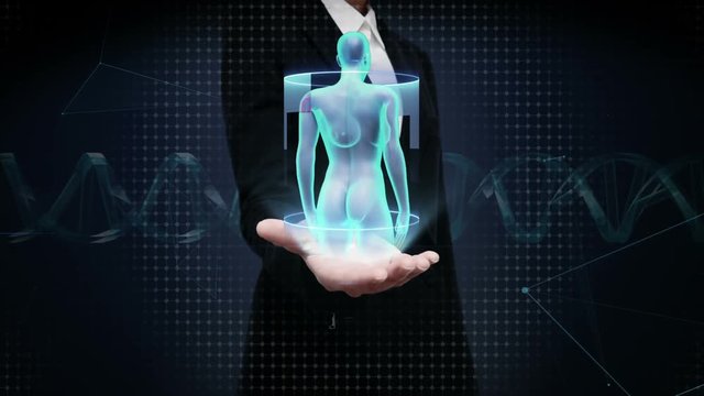 Businesswoman open palm,  Zooming front Female body and scanning Human blood vessel system. Blue X-ray light.