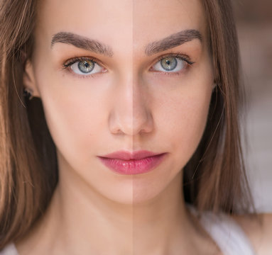 Beauty concept - retouch before and after. Beautiful woman with blue eyes.