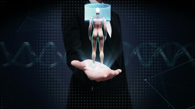 Businesswoman open palm, Rotating Female Human, scanning cardiovascular system, skeletal structure, bone system, Blue X-ray light.