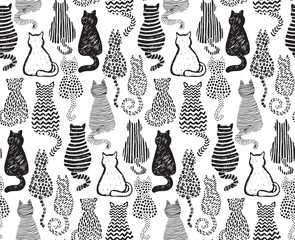 Naklejka premium Vector seamless pattern with hand draw textured cats