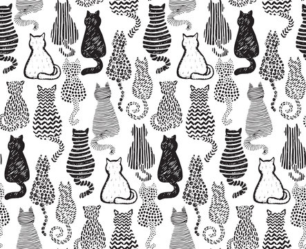 Vector seamless pattern with hand draw textured cats