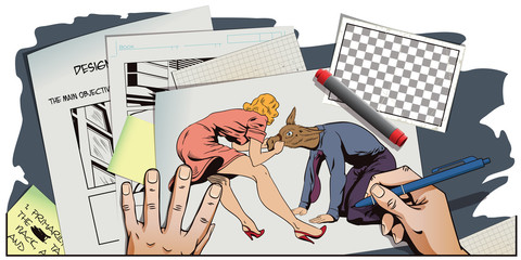 People in retro style. Woman pulls a stubborn man donkey.