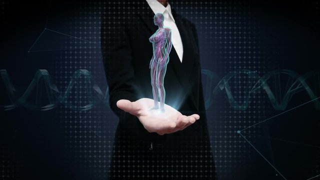 Businesswoman open palm, Rotating Female Human cardiovascular system, blood system, Blue X-ray light.