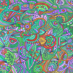 Psychedelic doodle floral abstract pattern. Hand drawn vector.