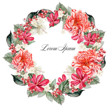 Beautiful watercolor wreath with flowers peonies and hibiscus, berries currant. Illustrations
