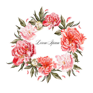 Beautiful watercolor wreath with flowers peony. 
