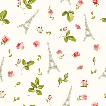 Pattern with red flowers, leaves and eiffel tower. Seamless background for fabric design. Vector illustration.
