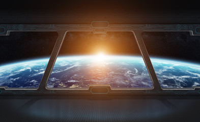View of planet Earth from inside a space station 3D rendering el