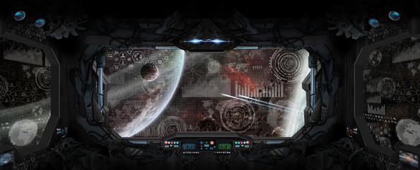 View of outer space from the window of a space station