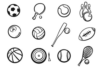 Fototapeta premium Various Balls Sports Equipment Sketched Set