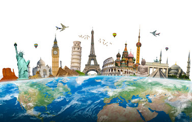 Famous landmarks of the world grouped together on planet Earth © sdecoret