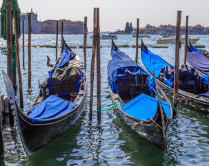 Gondolas at the wharf Venice, summer day