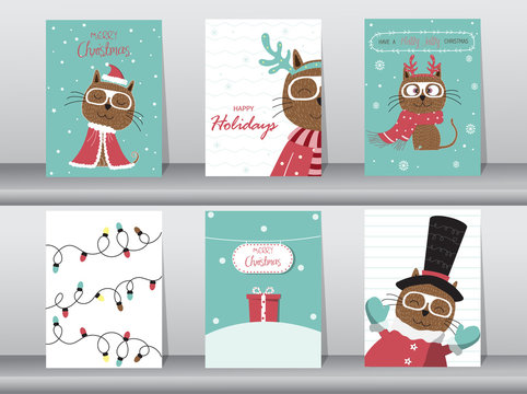 Set of cute cat greeting card, poster,templates,christmas,Vector illustrations