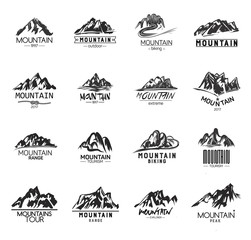 Mountain Icons Set on White Background. Monochrome mountains logos.