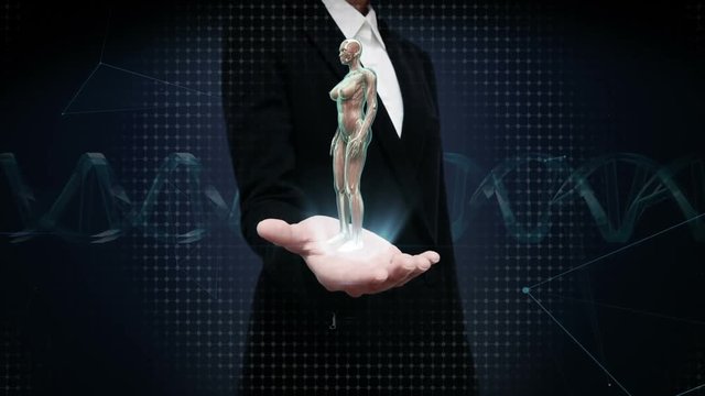 Businesswoman open palm, Rotating Female Human muscle, blood system, Blue X-ray light.